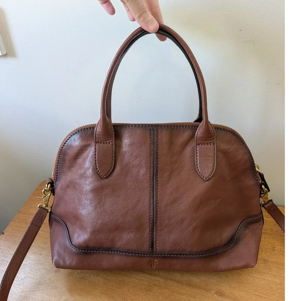 Frye Melissa Leather Satchel Cognac Brown Crossbody Bag Brass Ring Detail